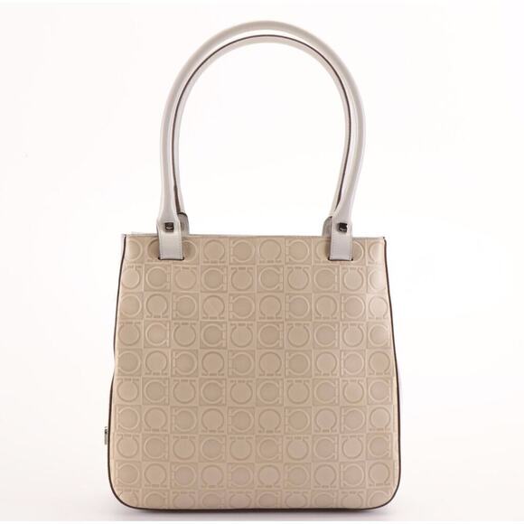 Vintage Salvatore Ferragamo Gancini Embossed Beige and White Leather Handbag - Picture 1 of 9